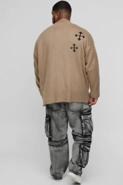 Sale boohooMAN Plus Fluffy Knit Gothic Cross Applique Cardigan taupe