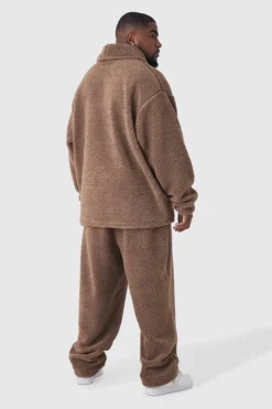 Shop boohooMAN Plus Fluffy V Neck Sweatshirt & Jogger Lounge Set In brown
