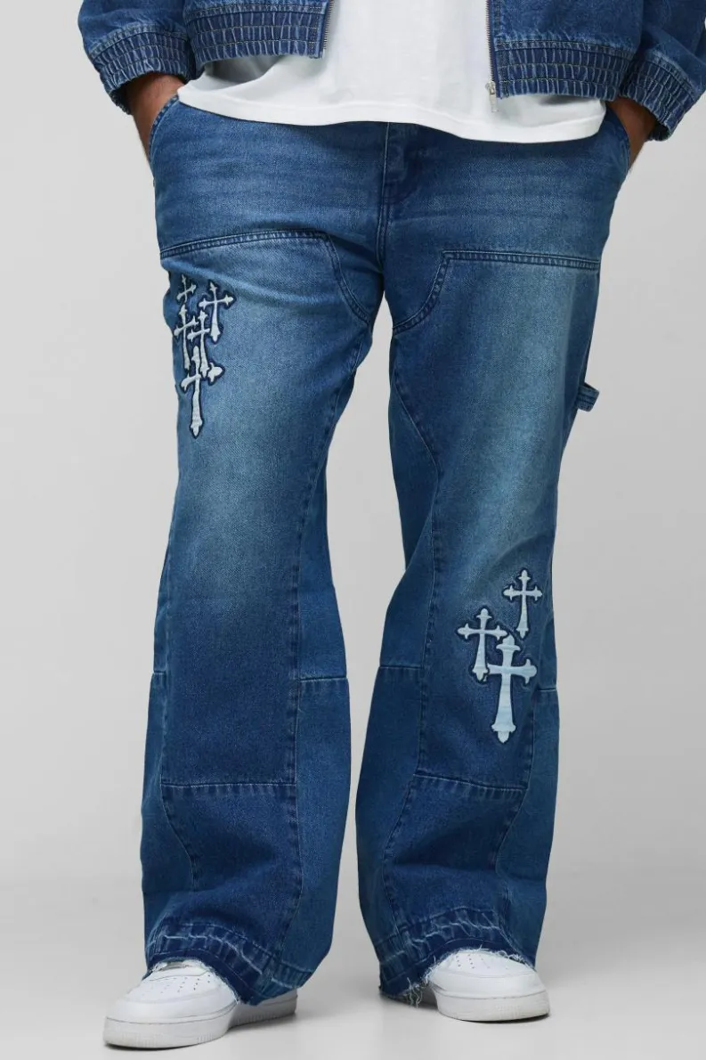 Discount boohooMAN Plus Gothic Cross Applique Carpenter Gusset Jeans mid wash
