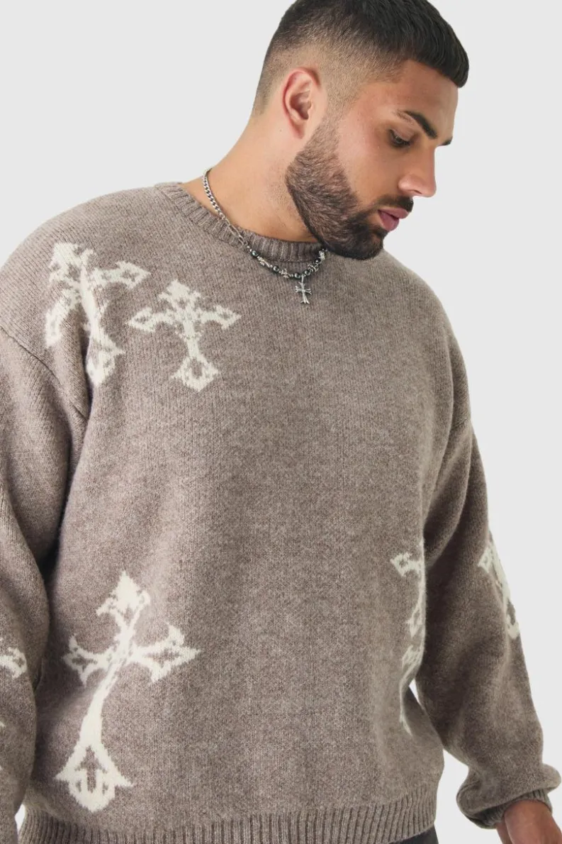 Best boohooMAN Plus Gothic Cross Oversized Fluffy Knitted Sweat stone