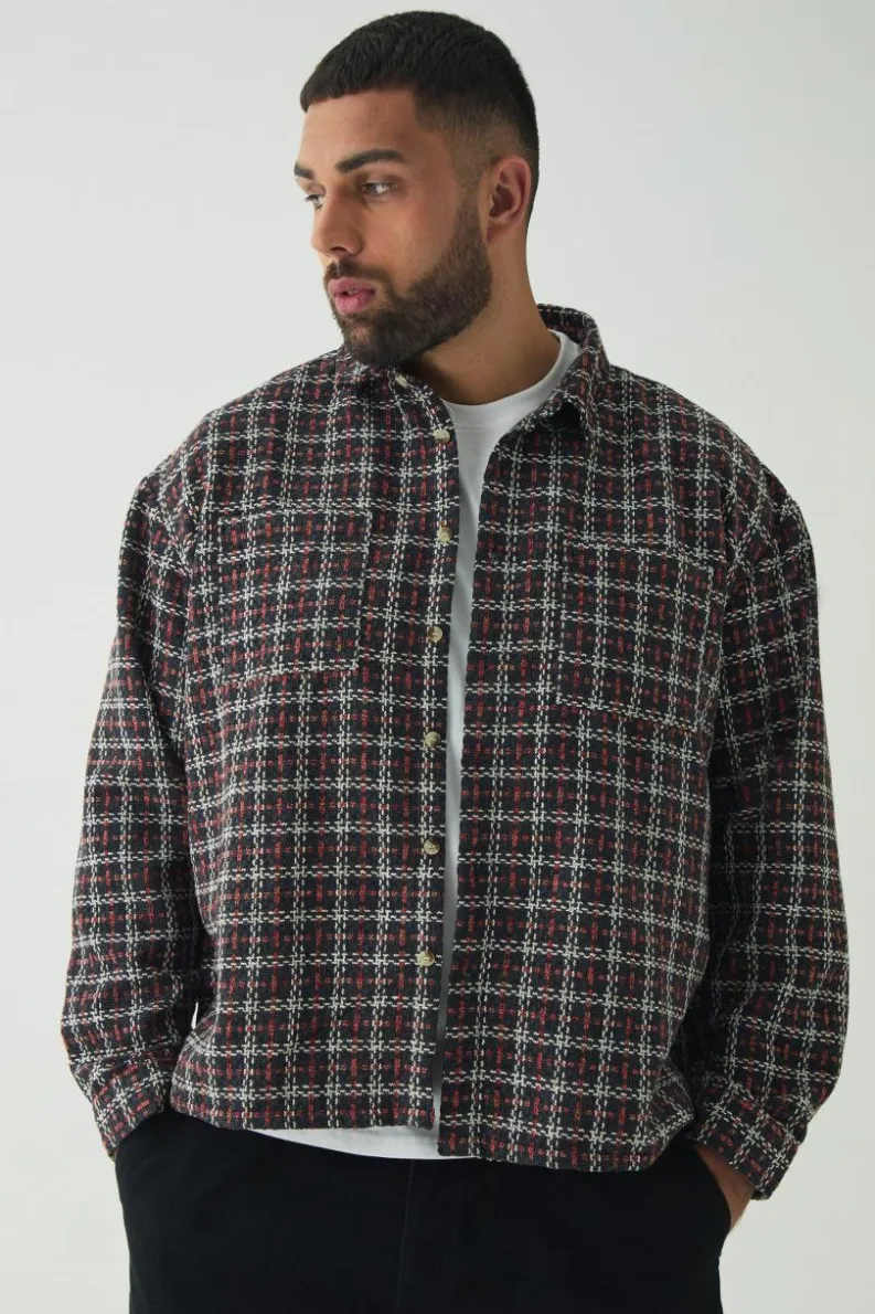 Hot boohooMAN Plus Heavy Weight Boucle Overshirt black