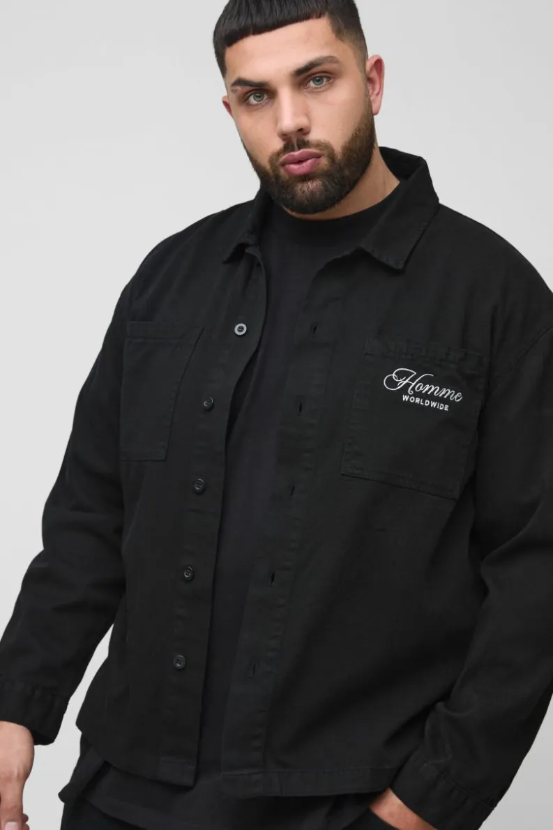 Sale boohooMAN Plus Heavyweight Embroidered Overshirt washed black