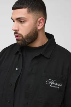 Sale boohooMAN Plus Heavyweight Embroidered Overshirt washed black