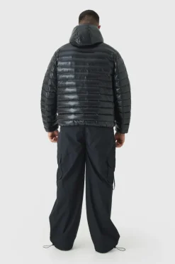 Sale boohooMAN Plus High Shine Hooded Puffer Jacket In black