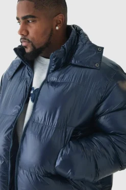 Hot boohooMAN Plus High Shine Mid Length Puffer navy