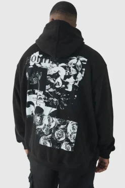 Fashion boohooMAN Plus Homme Spliced Floral Graphic Oversized Hoodie black