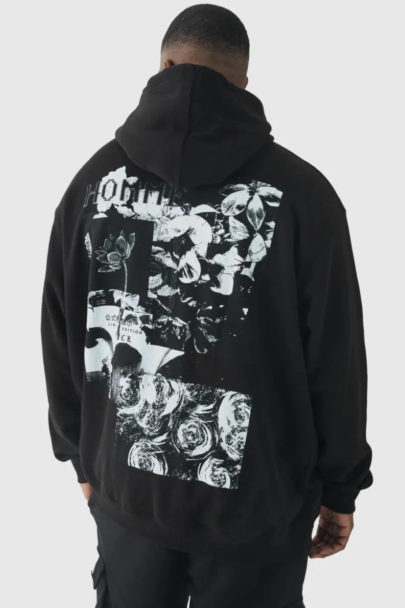 Fashion boohooMAN Plus Homme Spliced Floral Graphic Oversized Hoodie black