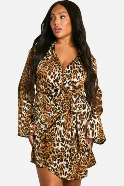 Sale boohoo Plus Print Wrap Shirt Dress leopard