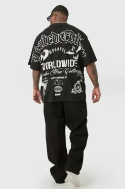 Online boohooMAN Plus Limited Edition Moto Over The Seam Graphic Back Print T-shirt In black