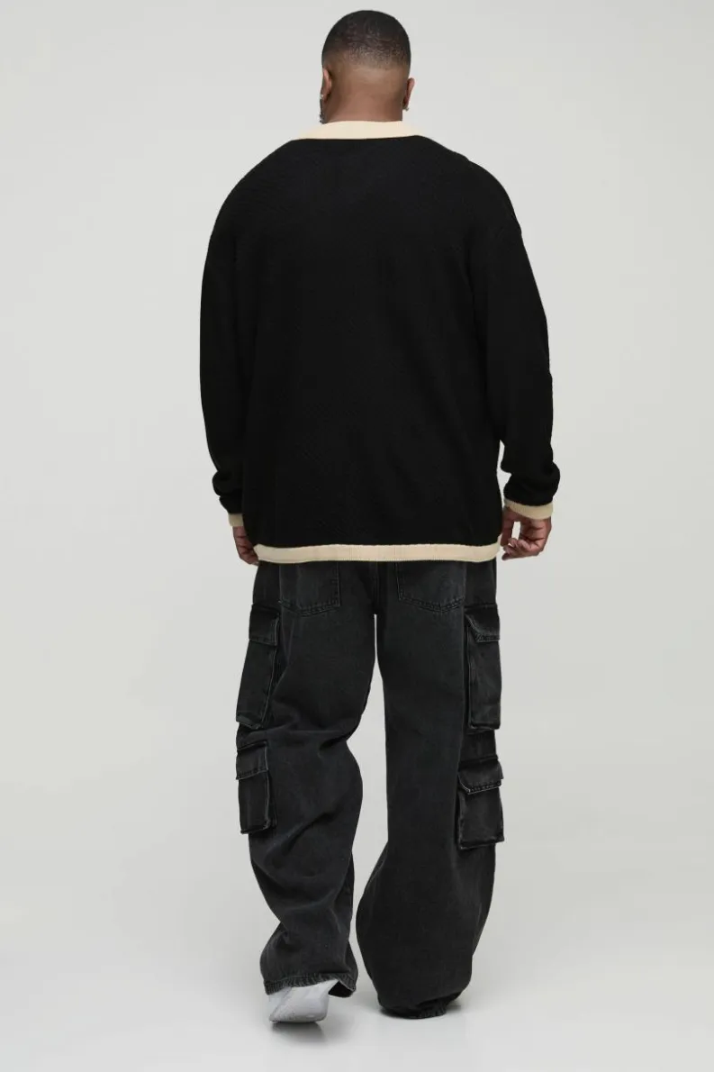 Online boohooMAN Plus Long Sleeved Oversized Contrast Collar Knitted Polo black