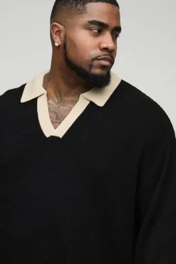 Online boohooMAN Plus Long Sleeved Oversized Contrast Collar Knitted Polo black