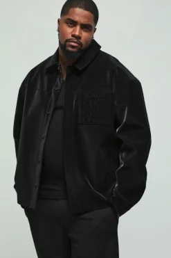 New boohooMAN Plus Long Sleeve Embossed Detail PU Overshirt black