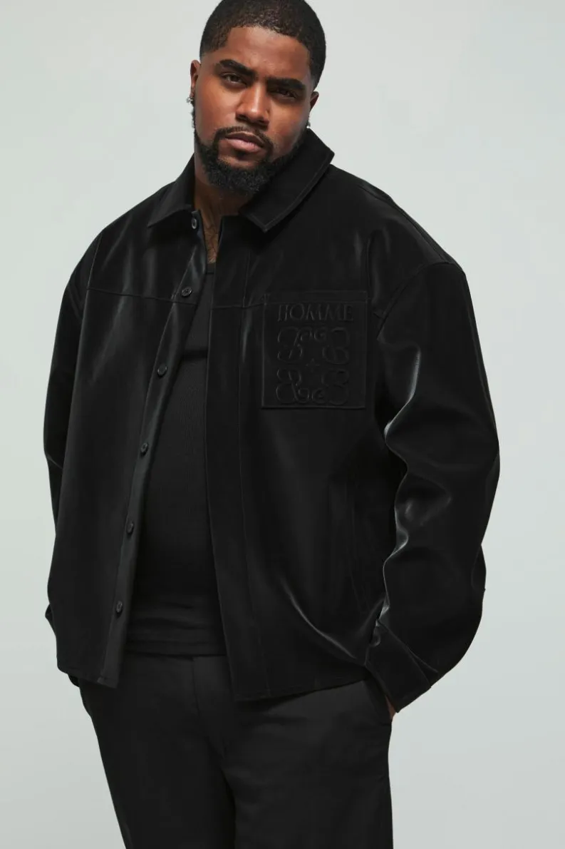 New boohooMAN Plus Long Sleeve Embossed Detail PU Overshirt black