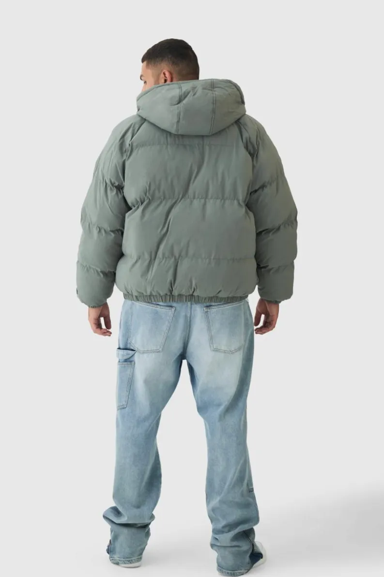 Cheap boohooMAN Plus Man Regular Fit Hooded Puffer Coat In grey
