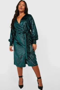 Sale boohoo Plus Matte Sequin Wrap Midi Dress green
