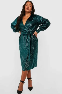 Sale boohoo Plus Matte Sequin Wrap Midi Dress green