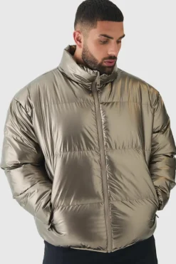 Hot boohooMAN Plus Metallic Funnel Neck Puffer Jacket In bronze
