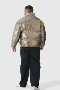Hot boohooMAN Plus Metallic Funnel Neck Puffer Jacket In bronze