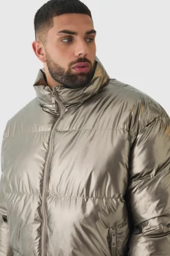 Hot boohooMAN Plus Metallic Funnel Neck Puffer Jacket In bronze