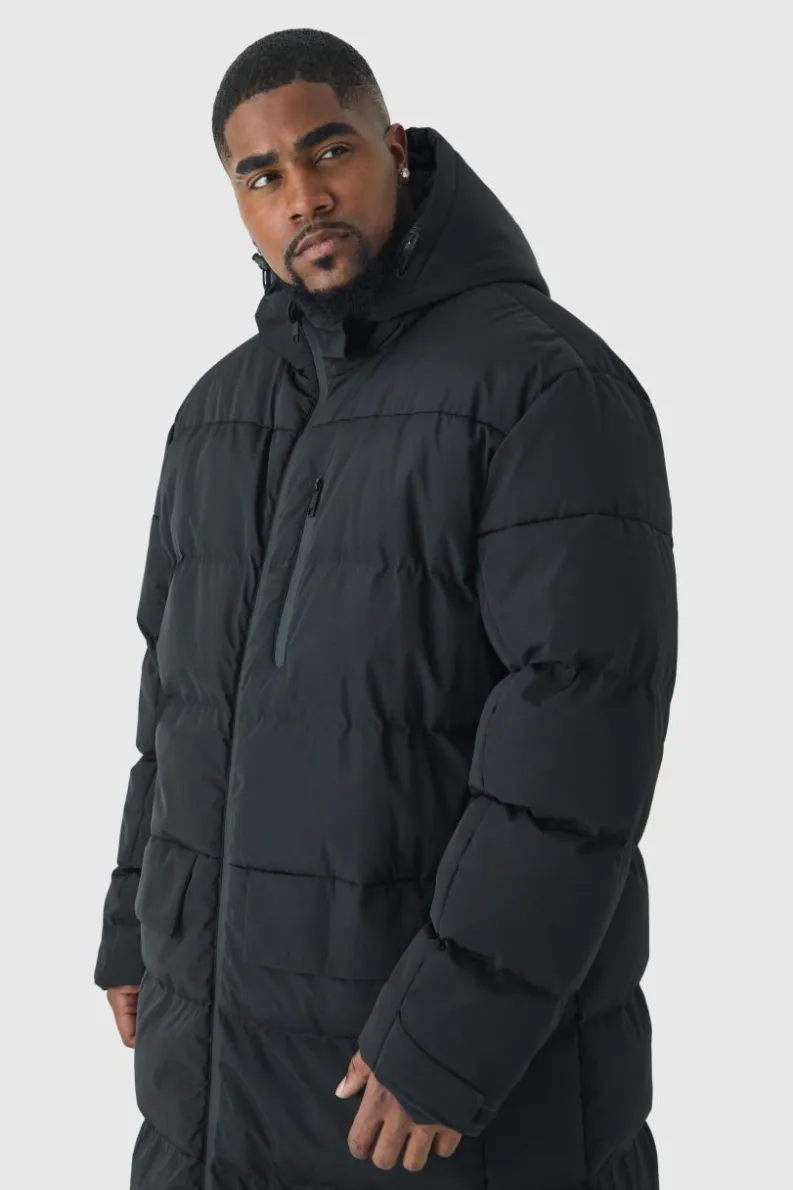 Online boohooMAN Plus Mid Length Hooded Puffer Jacket In black