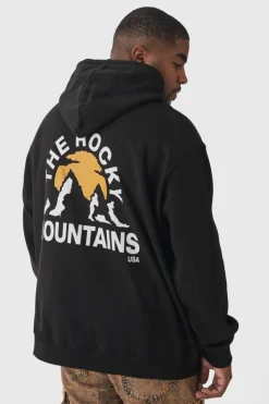 Shop boohooMAN Plus Mountains Graphic Oversized Hoodie black