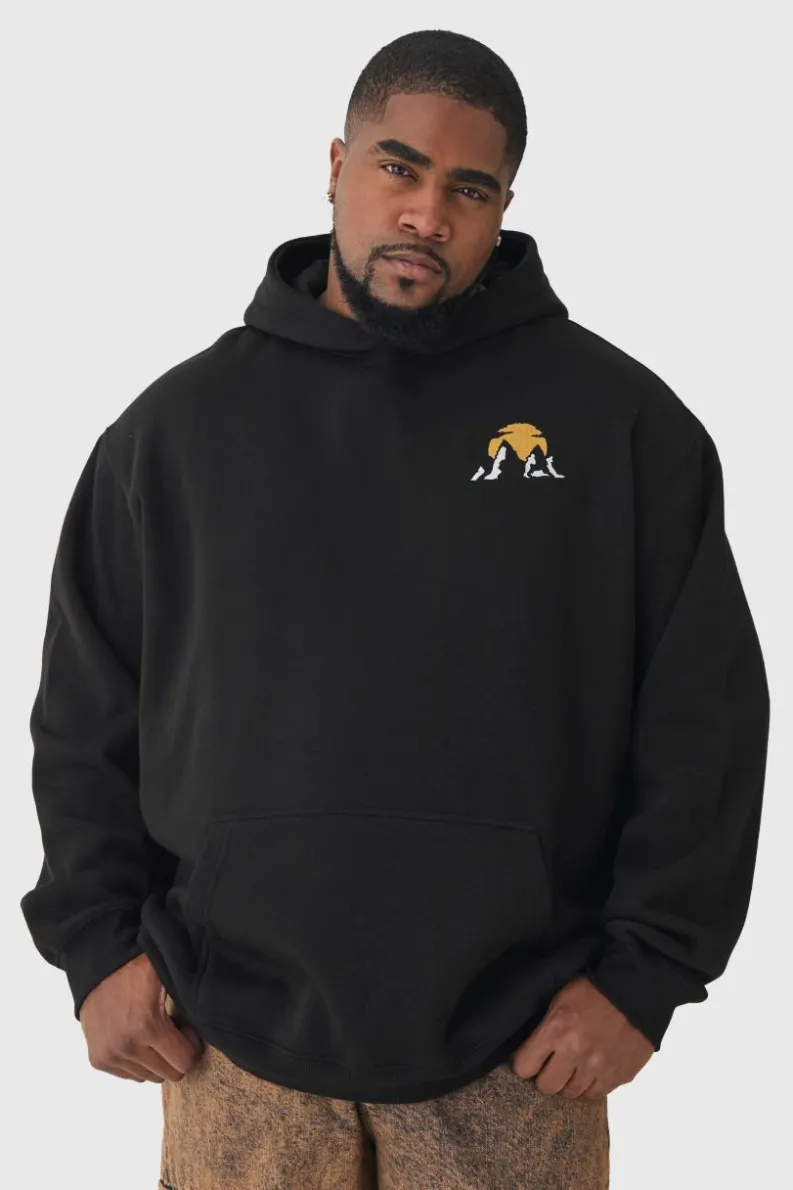 Shop boohooMAN Plus Mountains Graphic Oversized Hoodie black