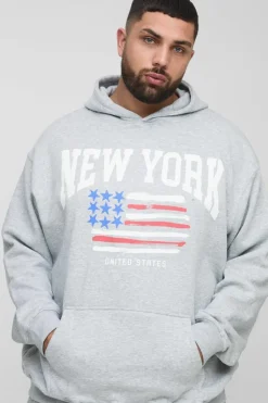 Store boohooMAN Plus New York Print Oversized Hoodie in grey
