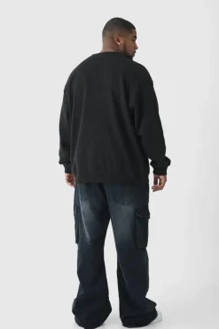 Online boohooMAN Plus New York Print Oversized Extended Neck Sweatshirt in black