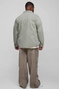 Clearance boohooMAN Plus Overdye Relaxed Fit Cargo Denim Overshirt sage