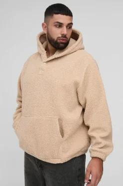 Online boohooMAN Plus Oversized Boucle Borg Popper Neck Hoodie stone