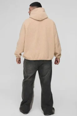 Online boohooMAN Plus Oversized Boucle Borg Popper Neck Hoodie stone