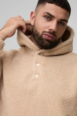 Online boohooMAN Plus Oversized Boucle Borg Popper Neck Hoodie stone