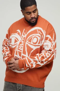 Cheap boohooMAN Plus Oversized Boxy Abstract Line Face Knitted Jumper rust