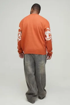 Cheap boohooMAN Plus Oversized Boxy Abstract Line Face Knitted Jumper rust