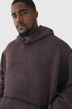 Outlet boohooMAN Plus Oversized Boxy Acid Wash Hoodie chocolate
