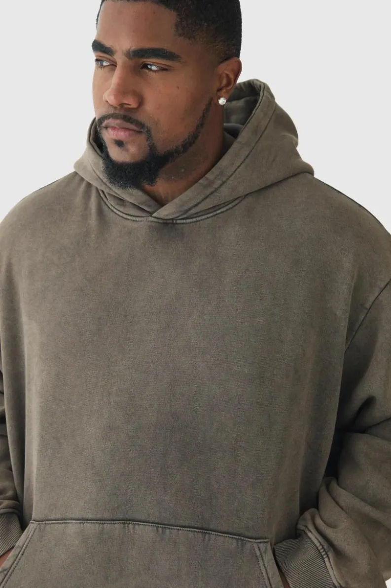 Clearance boohooMAN Plus Oversized Boxy Acid Wash Hoodie grey