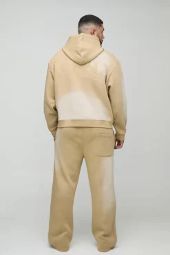Discount boohooMAN Plus Oversized Boxy Distressed Official Applique Spray Wash Hooded Tracksuit stone