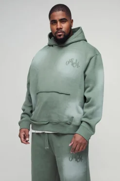 Clearance boohooMAN Plus Oversized Boxy Distressed Official Applique Spray Wash Hooded Tracksuit green