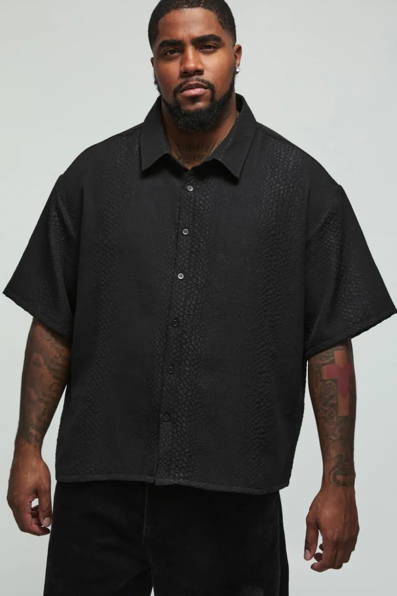 Cheap boohooMAN Plus Oversized Boxy Embossed Jacquard Shirt black