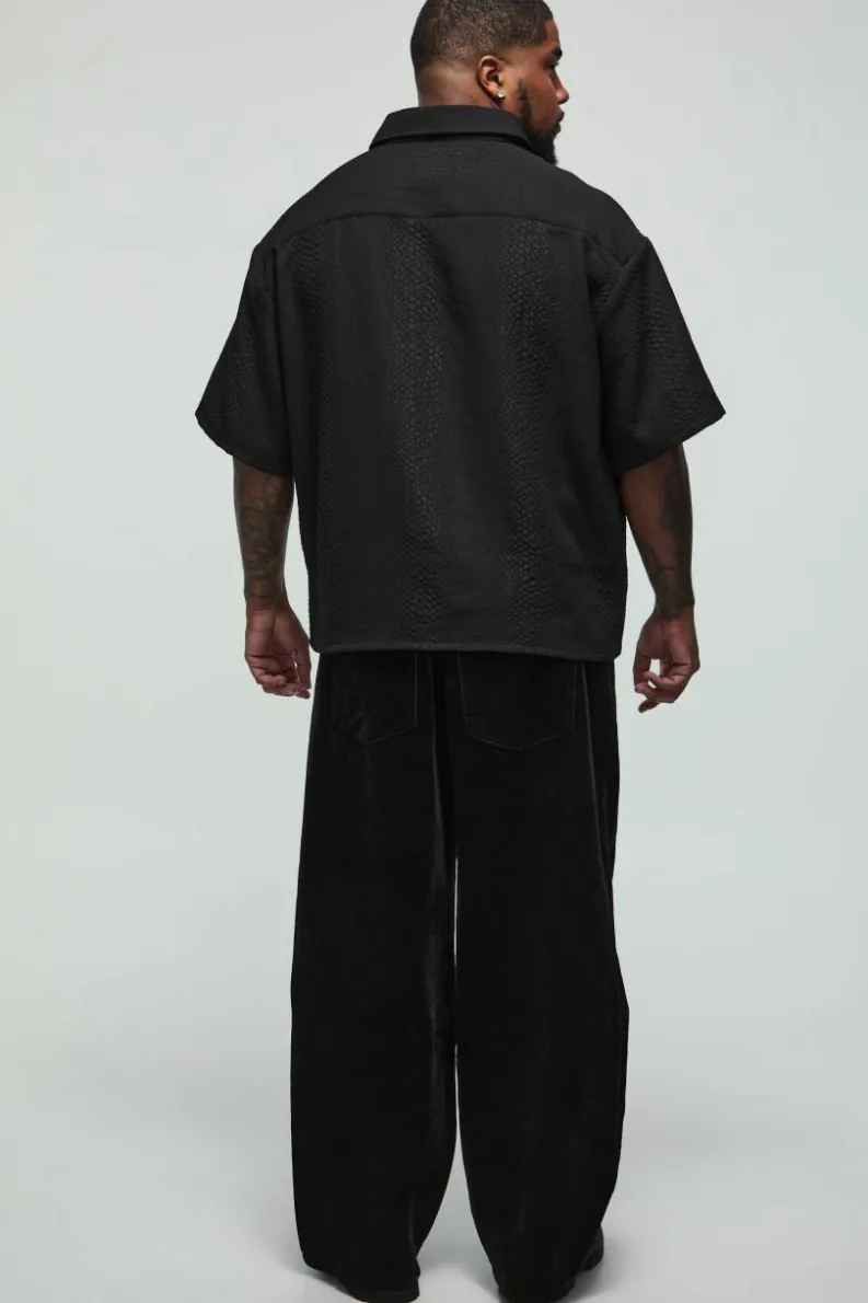 Cheap boohooMAN Plus Oversized Boxy Embossed Jacquard Shirt black