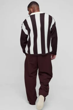 New boohooMAN Plus Oversized Boxy Football Knitted Long Sleeve Polo chocolate