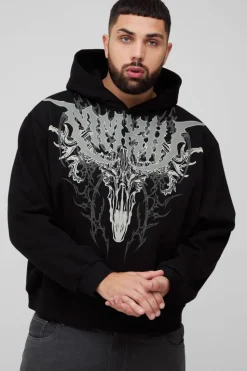 Cheap boohooMAN Plus Oversized Boxy Gothic Large Scale Print Hoodie black