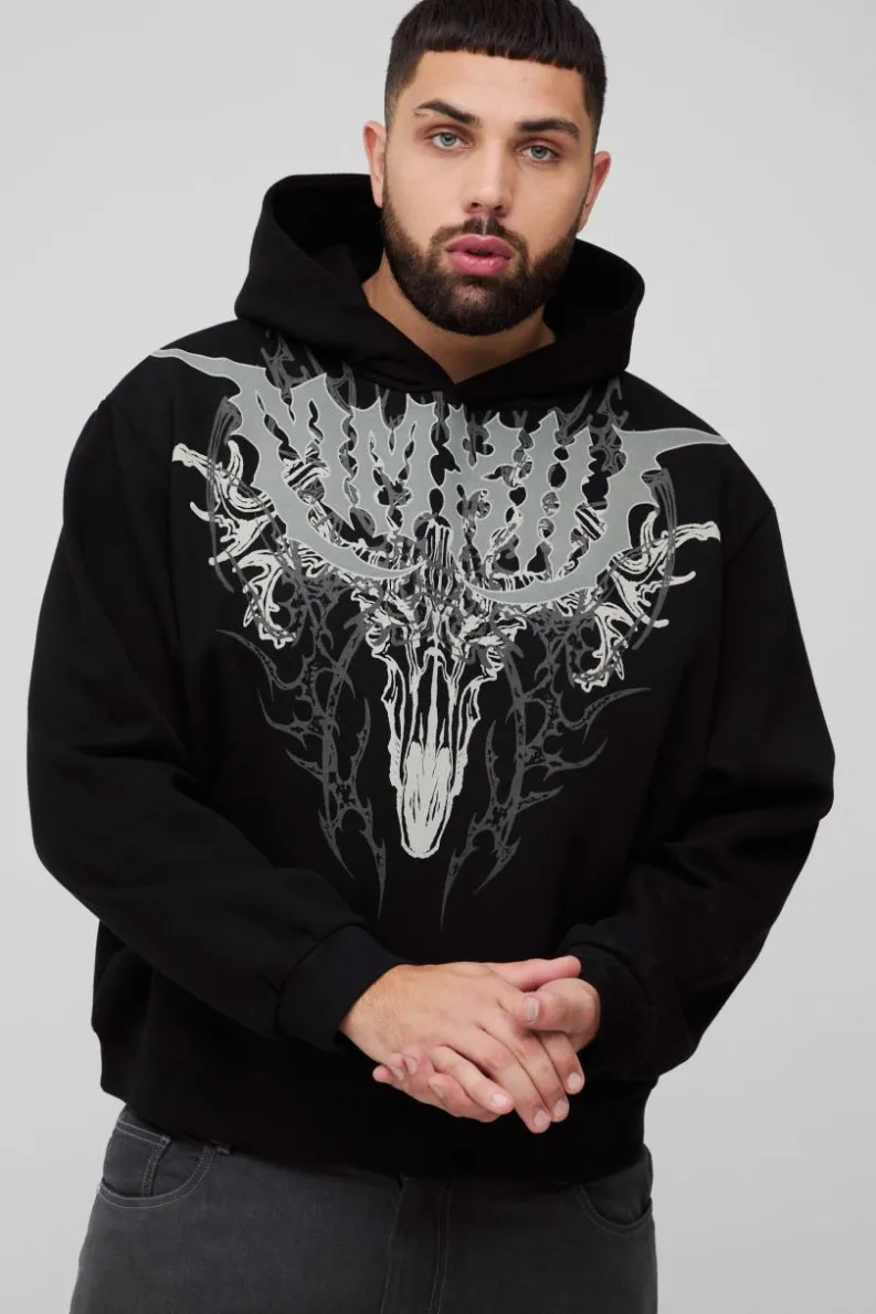 Cheap boohooMAN Plus Oversized Boxy Gothic Large Scale Print Hoodie black