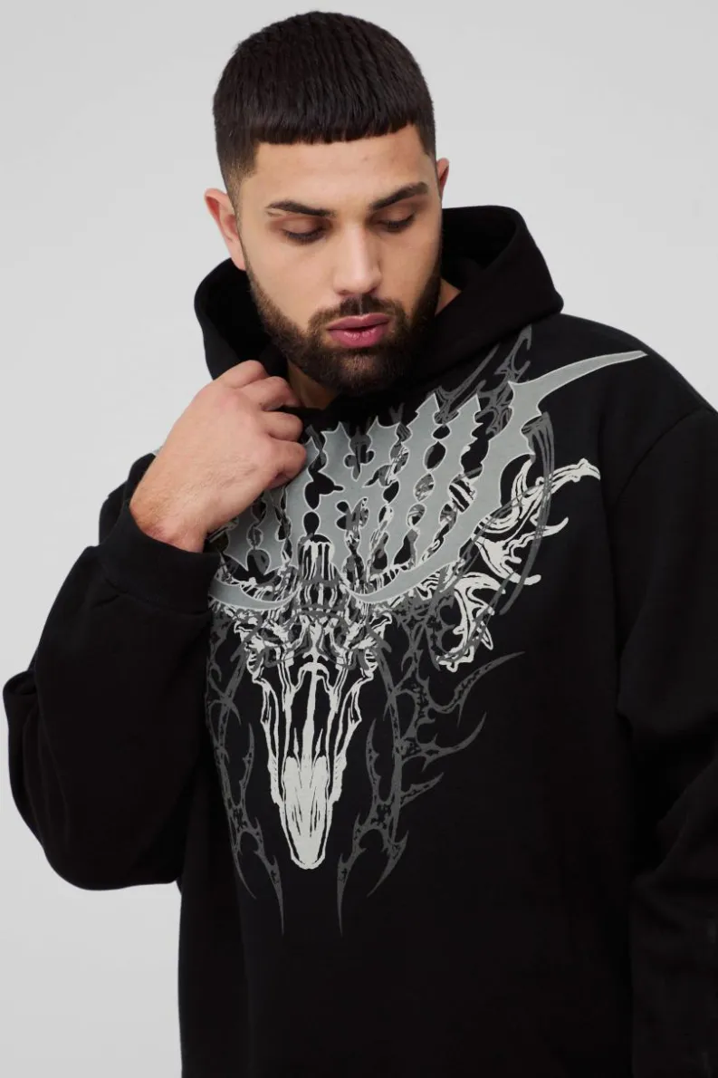 Cheap boohooMAN Plus Oversized Boxy Gothic Large Scale Print Hoodie black