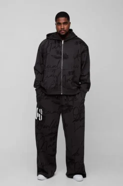 Sale boohooMAN Plus Oversized Boxy Graffiti Hooded Wide Leg Tracksuit black