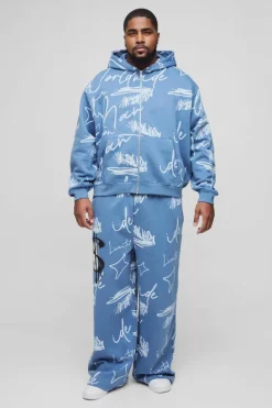 Fashion boohooMAN Plus Oversized Boxy Graffiti Hooded Tracksuit slate blue