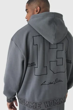 Online boohooMAN Plus Oversized Boxy Homme Embroidered Hoodie charcoal