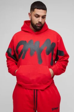 Sale boohooMAN Plus Oversized Boxy Homme Graffiti Print Hooded Tracksuit red