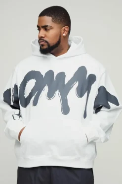 Outlet boohooMAN Plus Oversized Boxy Homme Graffiti Print Hoodie white