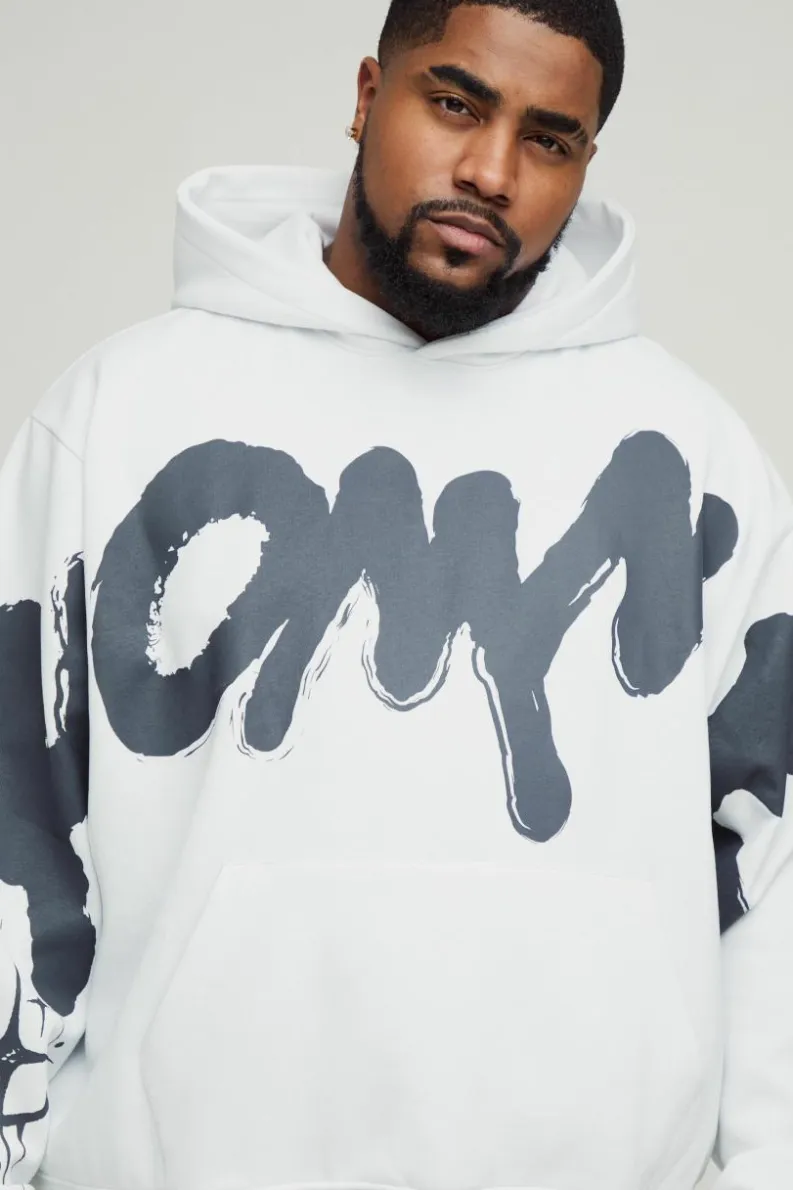 Outlet boohooMAN Plus Oversized Boxy Homme Graffiti Print Hoodie white
